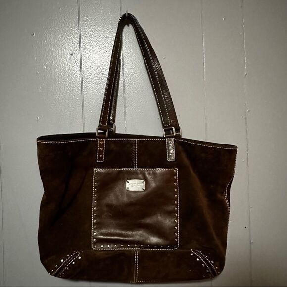 Michael Kors Astor Studded Chocolate Brown Leather Suede Large Shoulder Tote Bag - Picture 1 of 6